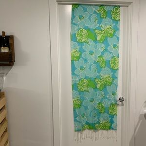 Lilly Pulitzer Murfee silk + cashmere aqua and green butterfly and flower scarf